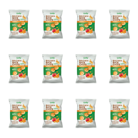 LIVITY Chipsy ryżowe pełnoziarniste o smaku sera Cheddar z pomidorowym sosem chutney 60g X12